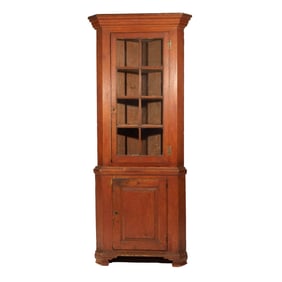 18TH C. RED PAINTED CHIPPENDALE CORNER CUPBOARD