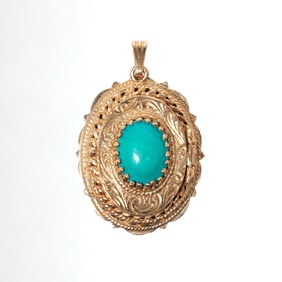 14K GOLD LOCKET WITH TURQUOISE CABOCHON STONE