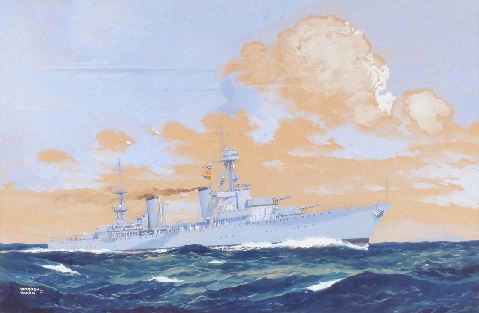 WORDEN WOOD (American, 1880-1943): USS Cruiser 'Salt Lake City' Mixed media on paper h. 13-1/2 w. 20-1/2 in. (sight) Signed lower left, titled lower margin, framed overall: 23 x 29 in. (frame) Provenance: Descent through the family of 