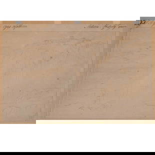 (ATTRIB) EDWARD LEAR (British, 1812-1888): 'A huge crag platform' Pen and ink on paper h. 12-5/8 w. 20-1/4 in. (subject) A sketch likely from one of Lear's travel books, titled upper margin ' 33 (?) A huge crag platform --- Meteora, Thessaly,
