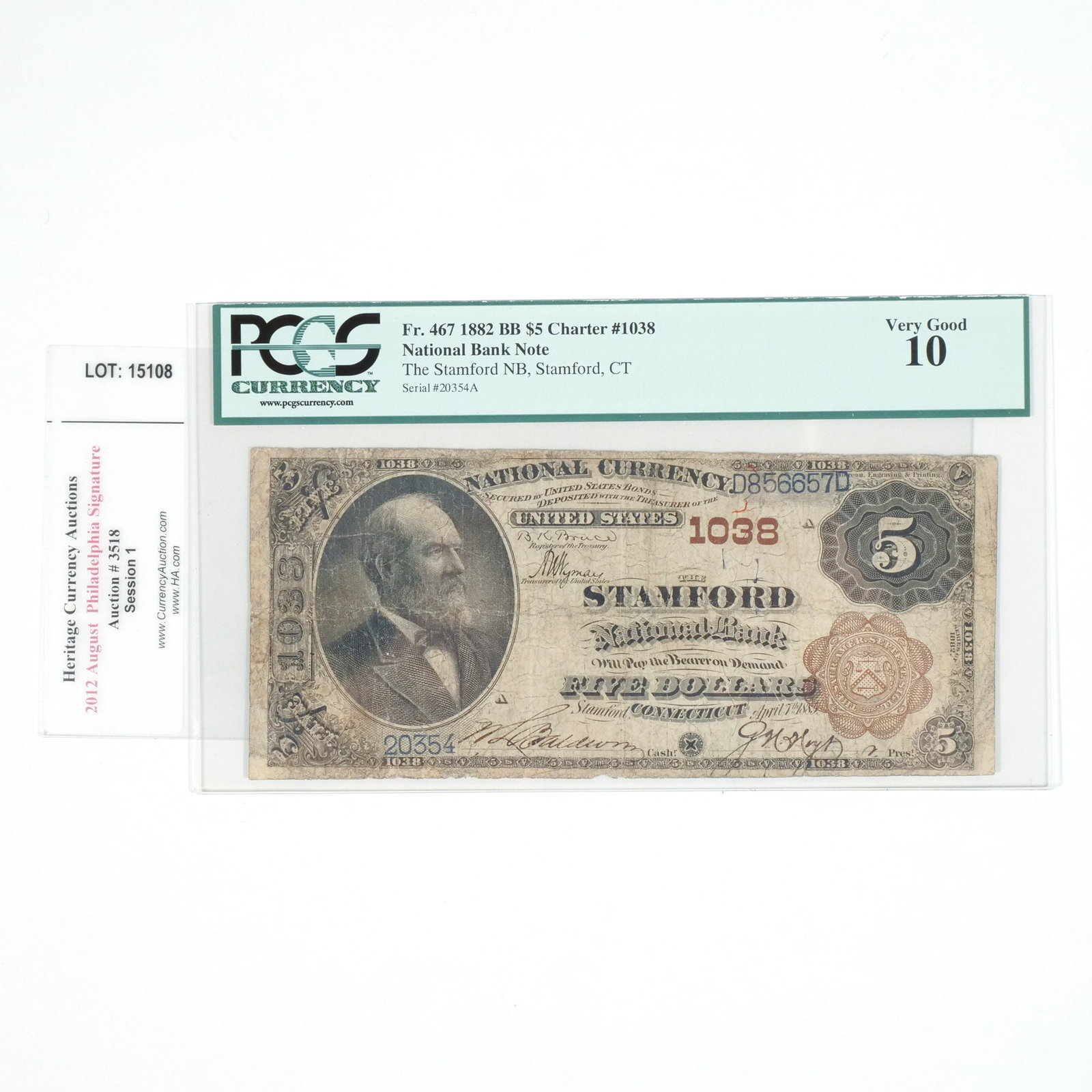 STAMFORD CT $5 1882 BROWN BACK FR. 467 BILL (1 of 6)