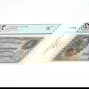 STAMFORD CT $5 1882 BROWN BACK FR. 467 BILL: The Stamford N.B. Charter #1038, PCGS Very Good 10 grade and sleeve (20354A) Accompanied by receipt from Heritage Provenance: Heritage Currency Auction, Auction 3518, Session 1, Aug. 2012; The estate