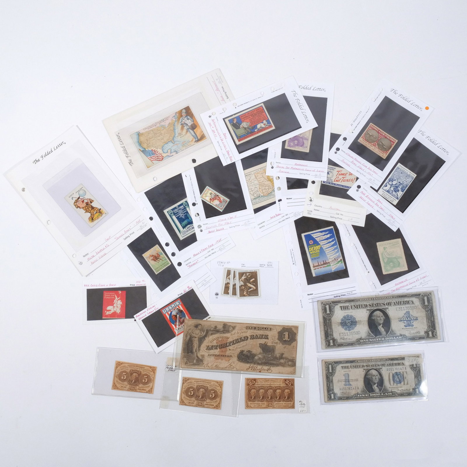 (26pc) ANTIQUE PAPER CURRENCY & POSTAGE: Including a 1923 $1 Silver Certificate with blue seal; a 1934 $1 Silver Certificate with blue seal; a Litchfield Bank $1 bank note, no. 2812; three 19th century pieces of American fractional postage c