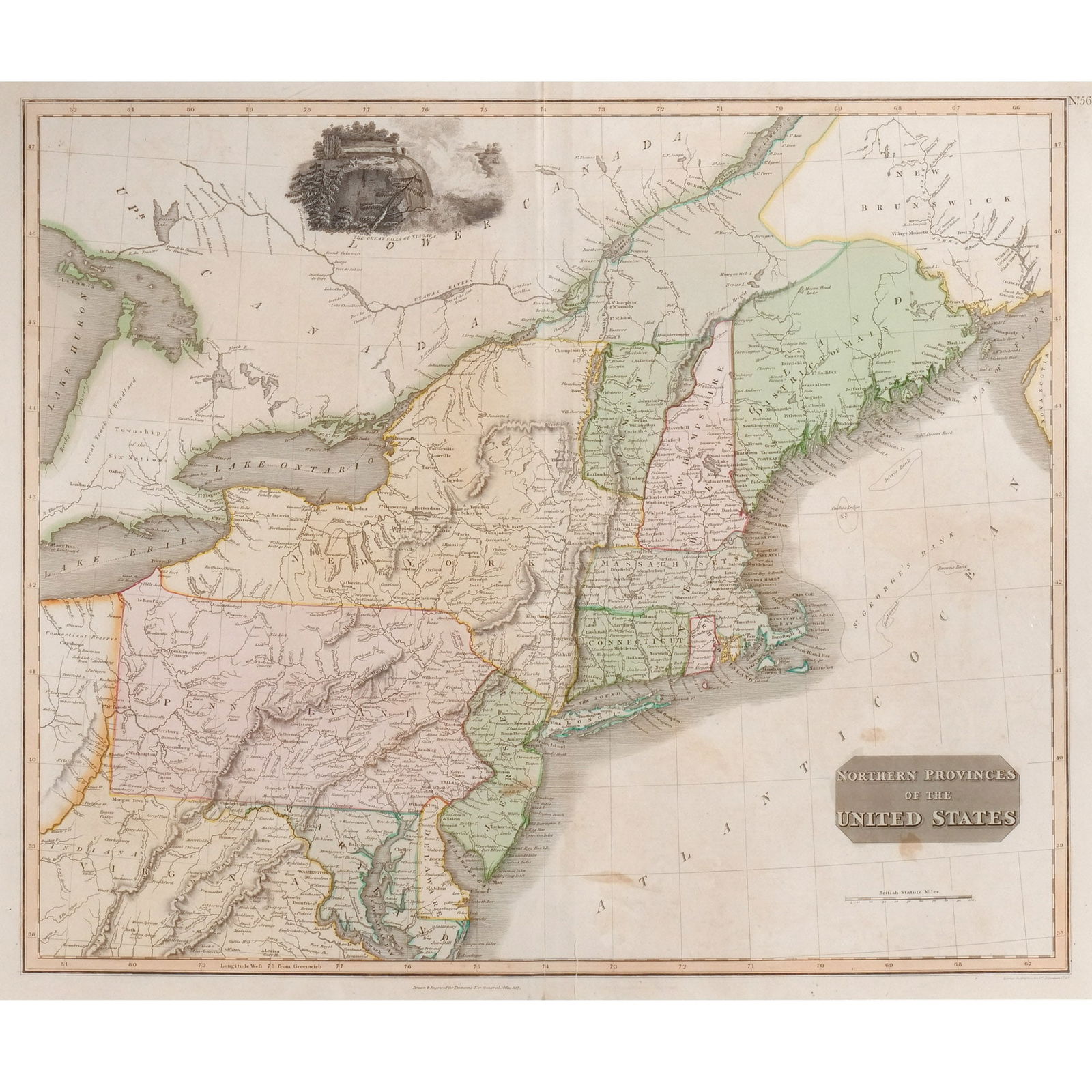 1817 MAP of U.S. NORTHERN PROVINCES: Thomson, John. Northern Provinces of the United States. [Edinburgh: John Thomson; London: Baldwin, Cradock, and Joy; Dublin: John Cumming] 1817. Double-page engraved map with hand-coloring. Drawn and
