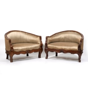 PAIR CONTINENTAL CARVED OAK FOOTSTOOLS