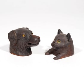 (2pc) ANTIQUE CARVED WOOD ANIMAL-FORM INKWELLS