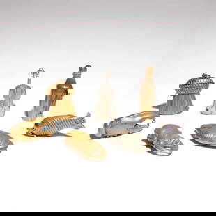 (7pc) FIGURAL MATCH SAFES - OCEAN LIFE & OTHER: Late 19th / early 20th century, comprising an English silver fish match safe with fin-lever and glass eyes; a silver-plated mussel; a silver-plated cello marked 'Blackpool' and 'Foreign'; a brass Herc