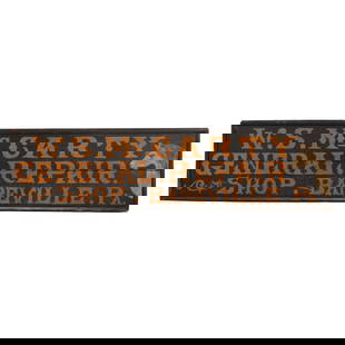 GENERAL REPAIR SHOP TRADE SIGN: Late 19th century, painted wood, reading 'W.S. McCarty General Repair Shop Bareville PA', with depiction of a horse at right h. 24 w. 94 in. Provenance: Descent through the family of an avid collector
