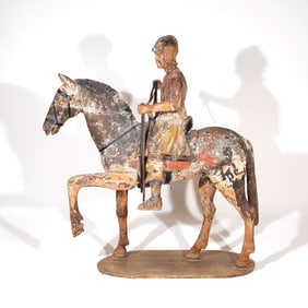 LARGE CARVED POLYCHROME HORSE & RIDER