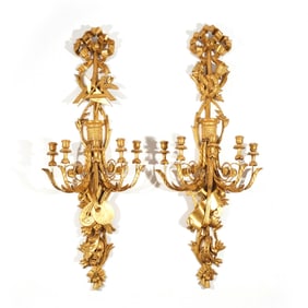 PAIR NEOCLASSICAL GILT-CARVED FIVE-LIGHT SCONCES