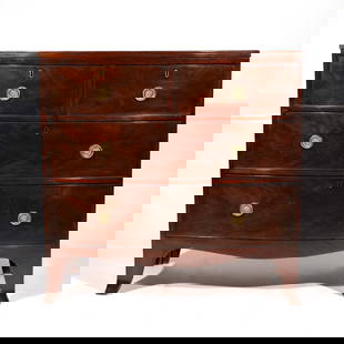 GEORGIAN BOWED SMALL SIZE CHEST OF DRAWERS: Top with line inlay, over4 drawers, splayed French feet h. 35 w. 35 d. 19-1/2 in. Provenance: Property of Sharon, CT. gentlemen[IN SITU ITEM] This item will not be on display in our saleroom during ou