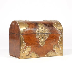 BRASS BOUND FIGURED WALNUT BOX