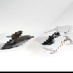 (3pc) MASON DECOY & BIRD SCULPTURES: Including [1] a carved figure of a Canada goose in flight with extended wings, showing fine line work to create texture on the feathers, signed and titled on the underside of the wings, on associated