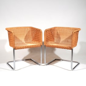 (2pc) HARVEY PROPER WICKER & CHROME ARMCHAIRS