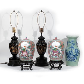 (5pc) MISC CHINESE ITEMS & BLACK OPALINE LAMPS