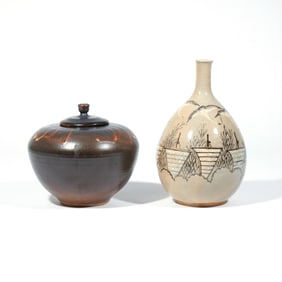 (2pc) JAPANESE POTTERY VASE & TEA CANISTER