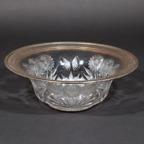 ETCHED CRYSTAL VASE WITH STERLING SILVER RIM