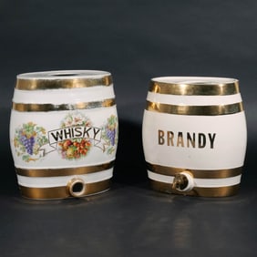 (2pc) ANTIQUE PORCELAIN BRANDY & WHISKEY BARRELS
