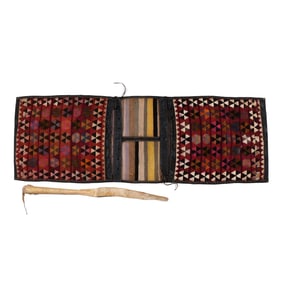 (2pc) MID-20TH C. KILIM SADDLE BAGS & CROP