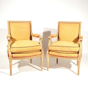PAIR LOUIS XVI-STYLE CARVED PAINTED FAUTEUILS
