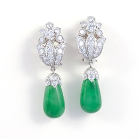 PAIR 14K WHITE GOLD, JADE & DIAMOND EARRINGS
