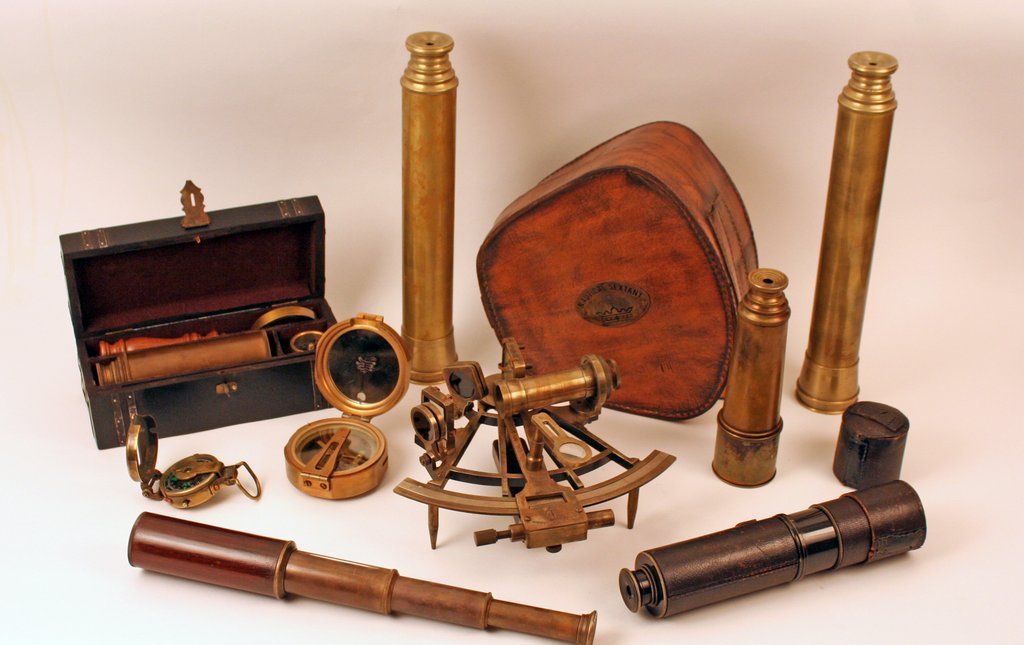 26) NAUTICAL SEXTANT, 6 SPYGLASSES, & 2 COMPASSES:: 8" sextant by Henry Barrow & Co. London, w/ later case; 2 Thomas J. Evans Esq. 4-drawer spy-glasses (12 ¼" closed, 33" extended), 1 E. Vion (Paris) 4-drawer spy glass w/ leather covering (8 ½" exten
