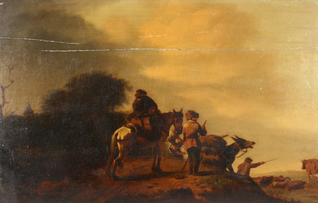 39) 18th C. CONTINENTAL SCHOOL, : Landscape with mounted traveler and herdsmen, oil on board, 15" X 21", no apparent signature. Condition: the board with a neat separation across the top, another crack upper left