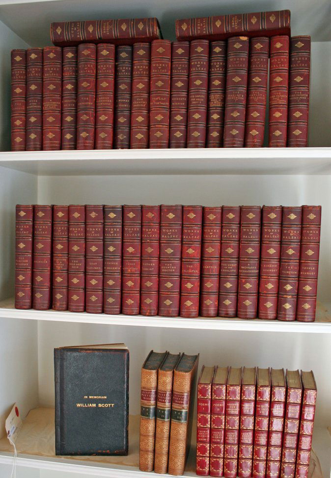 56) 3 SETS FULL & ¾ LEATHER BOOKS:: 3 vols. Full leather Scott's Poetical Works, 8 vols. ¾ leather Thomas B. Aldrich Works, 34 vols. ¾ leather Works of Balzac, plus memoriam book on William Scott.