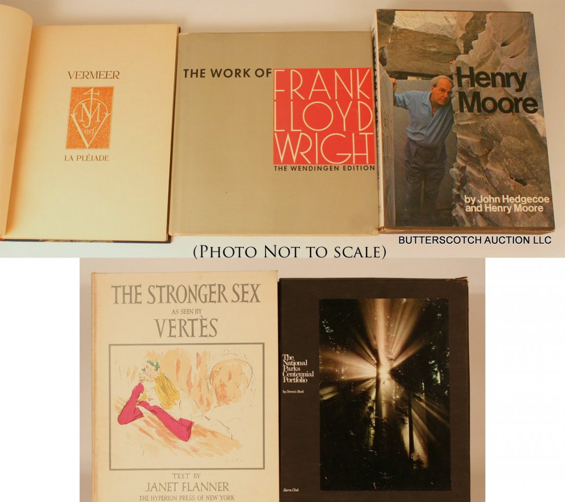 61) 5 BOOKS: DENNIS STOCK, "THE NATIONAL PARKS: CENTENNIAL PORTFOLIO" W/ 12 GRAVURE PRINTS, 1972; THE STRONGER SEX AS SEEN BY VERTES, 102/1750, BY JANET FLANNER, MISSING AT LEAST ONE PRINT; HENRY MOORE BY JOHN HEDGECOE & HENRY MOORE;THE WORK OF FRA