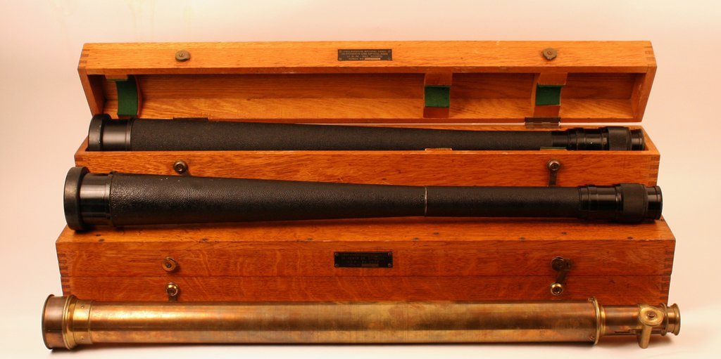 81) 3 LARGE SPYGLASSES:: 2 US Navy 16 Power QM Spyglasses in original fitted wooden cases w/ serial numbers 20059 and 24799 (Box: 32 ½" long); and 1 spyglass marked "M. Manent C teur" w/ engraving "Antoine Roy - 1932" (L: 32