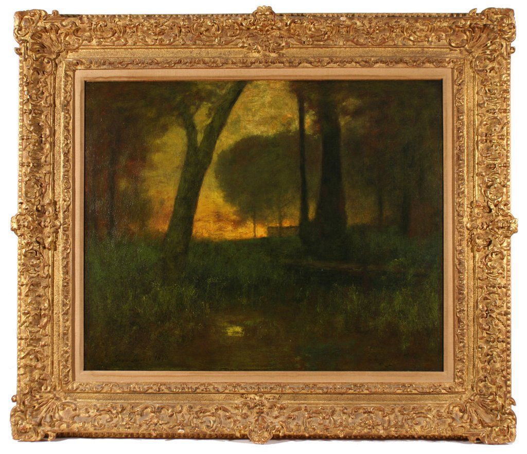 94) GEORGE INNESS (AMER. 1825-1894) "THE BROOK": oil on canvas, 22 X 27", signed lower left. Literature: Michael Quick, Vol. II, P. 295 (No. 983); Provenance: Estate of the artist (sale, Fifth Avenue Art Galleries, Feb. 12-14, 1895, No. 157); E.H. B
