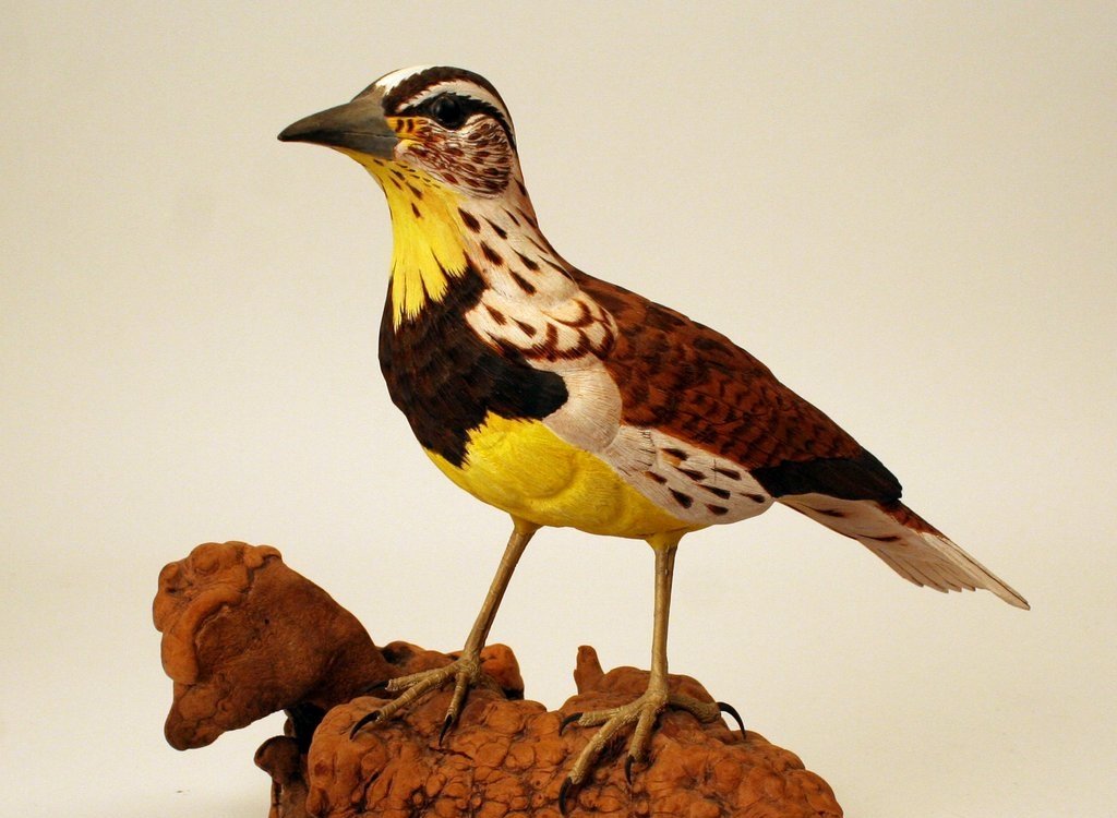 120) MEADOWLARK CVD. POLYCHROME BIRD SCULPTURE,: SGD. DONALD F. BOOTH, SEAFORD, DEL.