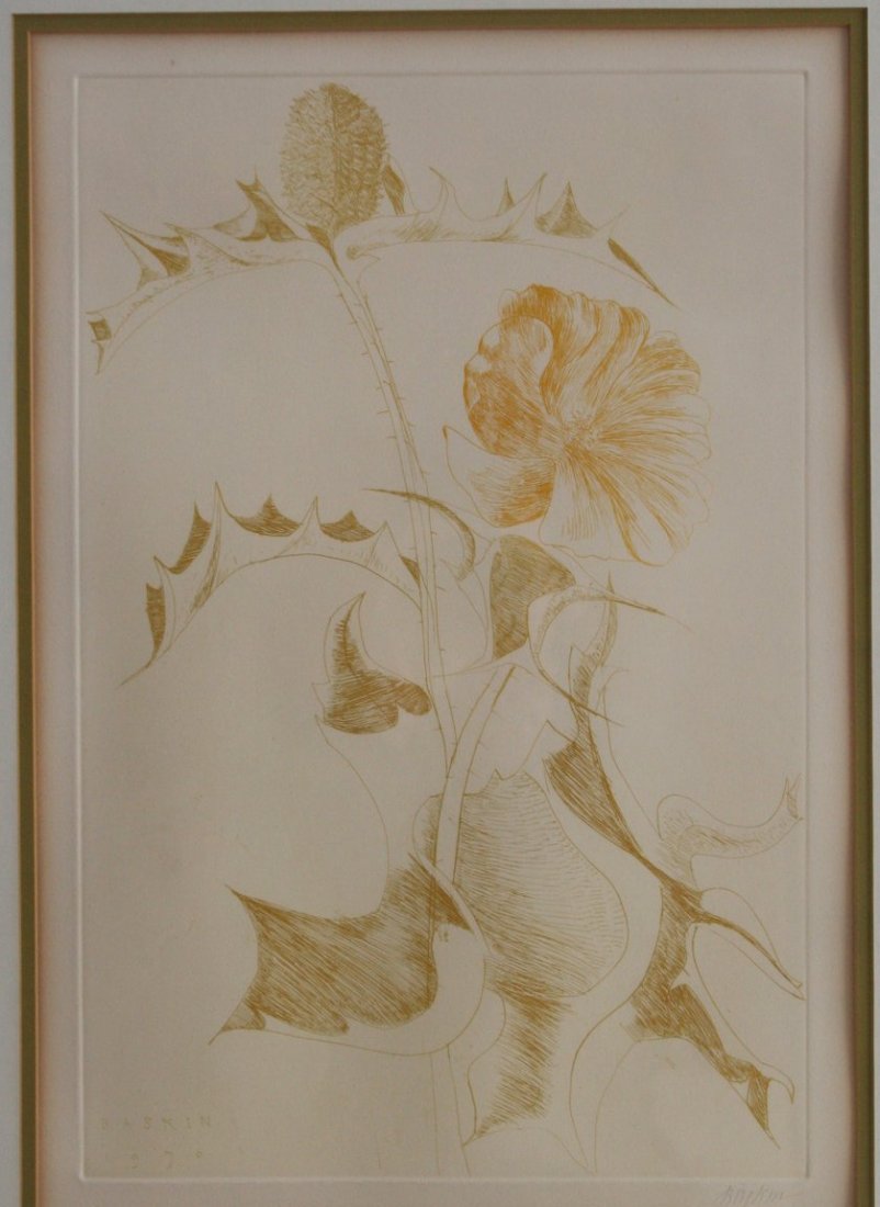 183) SET OF 5 LEONARD BASKIN PRINTS: ALL PENCIL SGD., 3-COLOURED FLORAL, EA. 19 1/2 X 13" (SIGHT) PLUS 1 FLORAL: 20 X 14" (SIGHT); 5 TH MAN W/TOP HAT: 13 X 10" (SIGHT)