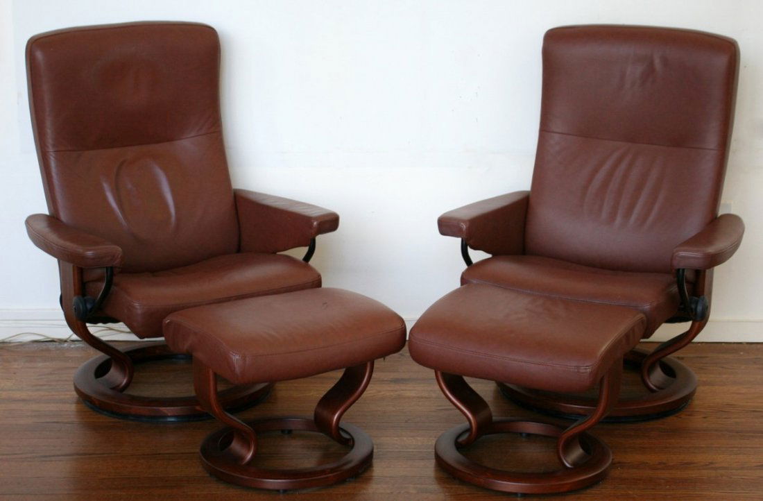 184) PR. NEPTUNE STRESS LESS RECLINERS W/: OTTOMANS, WALNUT BASE, W/ORIG. BILL OF SALE