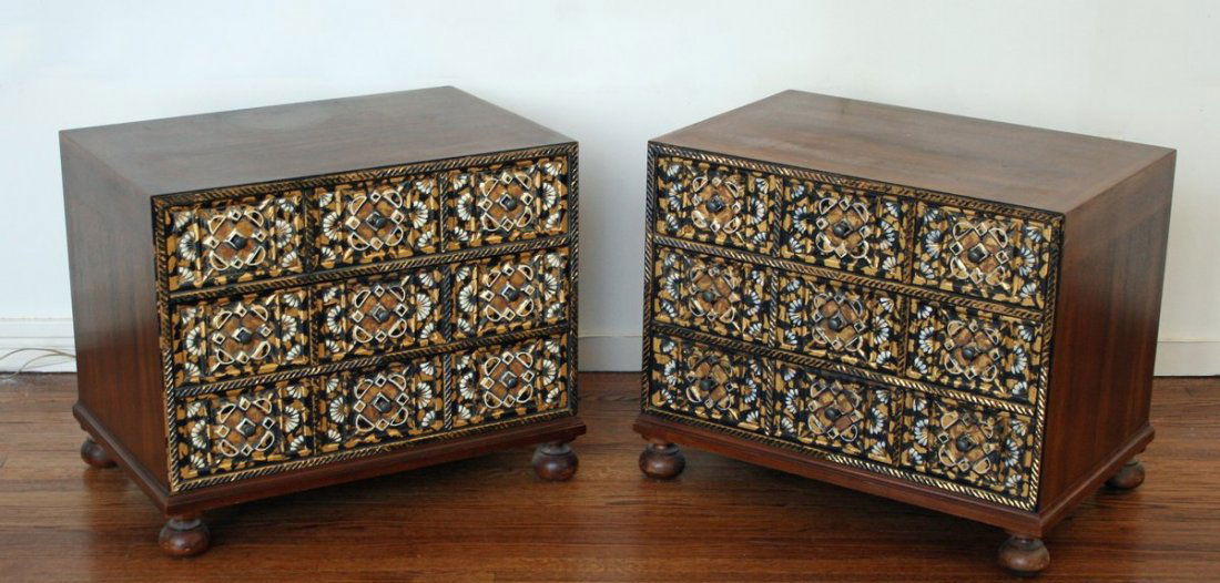 185) JOHN WIDDICOMB, PR. BEDSIDE TABLES W/PAINT: DECO DRAWER FRONTS, TOP: 18 X 27", H. 21 1/2"