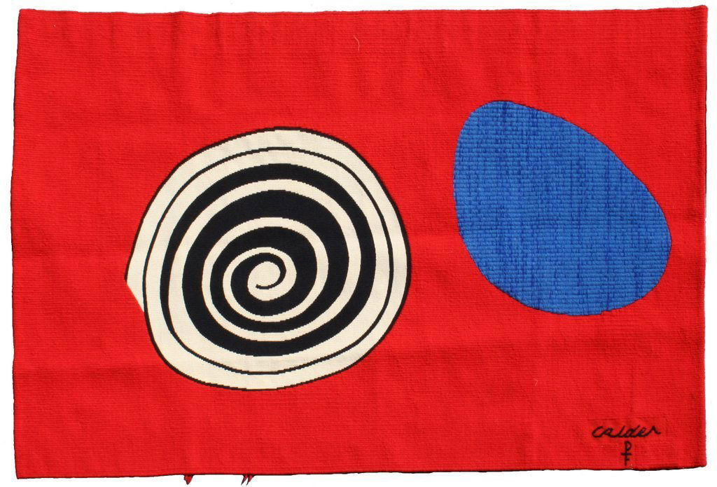 229) AFTER ALEXANDER CALDER (American, 1898-1976),: American Revolution Bicentennial¸ wool tapestry in colors, with red ground and Two (2) orbs, from set No. 44 of The Bicentennial Tapestries, woven at Aubusson, France, by Pinton, C. 1975, signed with