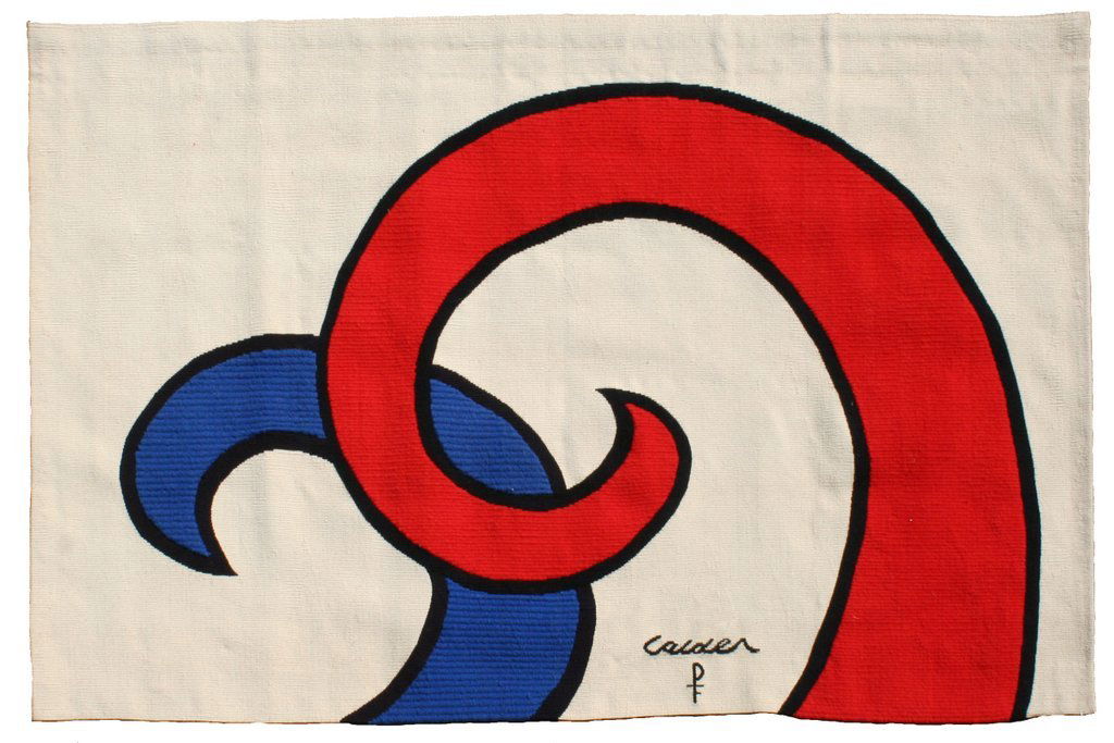 231) AFTER ALEXANDER CALDER (American, 1898-1976),: American Revolution Bicentennial¸ wool tapestry in colors, showing entwined swirls on a white ground. from set No. 44 of The Bicentennial Tapestries, woven at Aubusson, France, by Pinton, C. 1975, si