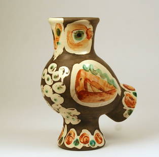 266) PABLO PICASSO (Spanish, 1881-1973), WOOD OWL,: painted ceramic, ed. 283/500, inscribed on bottom, "R. 146, Edition Picasso 121/500, Madoura" and stamped "Madoura Plein Feu/Empreinte Originale de Picasso," H: 12"