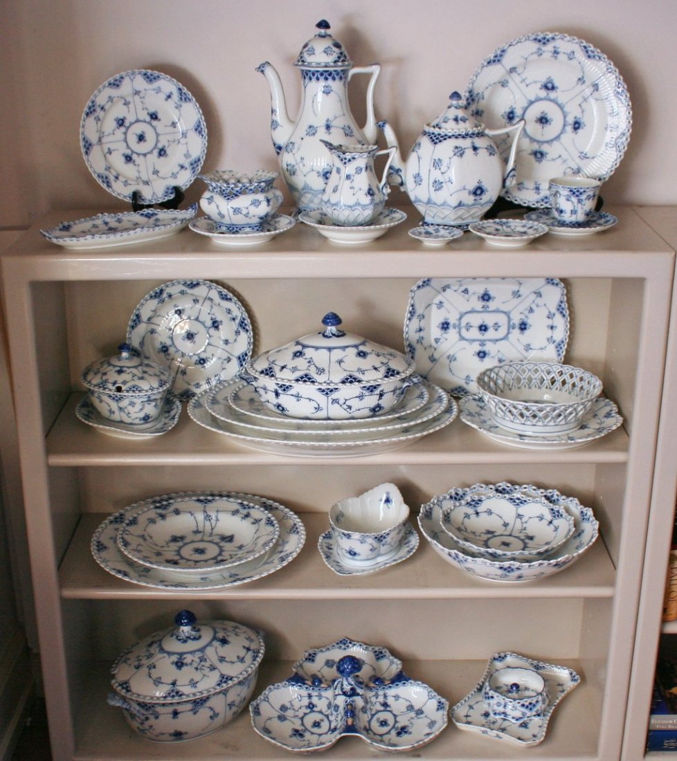 269) ROYAL COPENHAGEN "OPENLACE" PATTERN CHINA SERVICE: including: 24 dinner plates (10" - 3 chipped), 12 dessert bowls, 12 salad plates, 12 butter pats, 12 soup bowls, 3 covered vegetables (12" - 9"), 2 open gravy boats w/ underplates, 3 oval platters (16