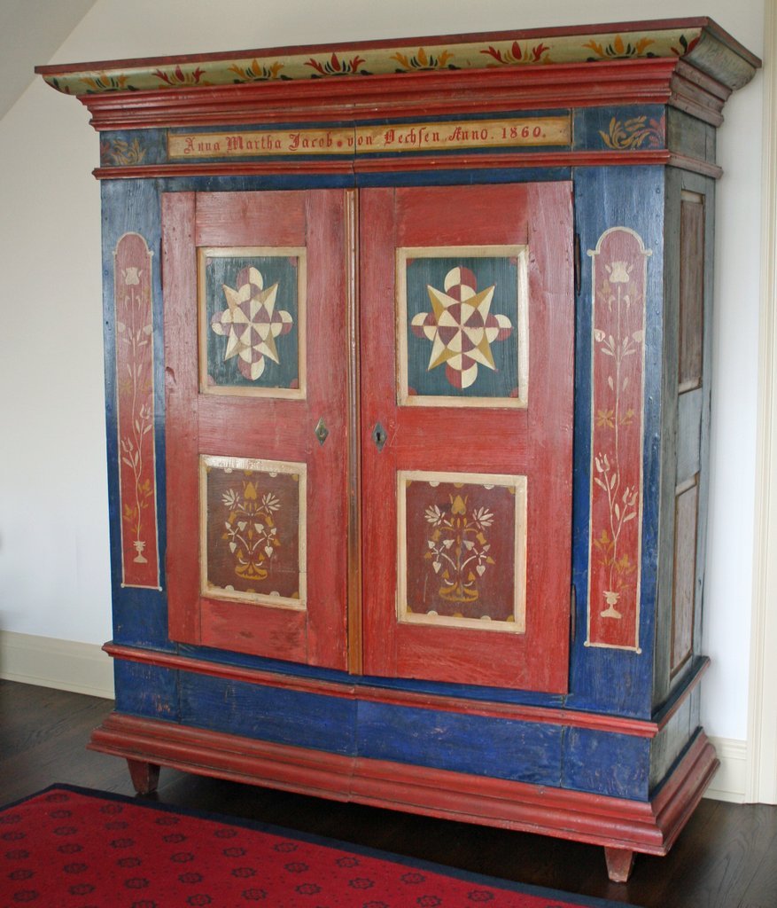 370) PAINTED KAS, painted pine, inscribed "Anna: Martha Jacob von Dechlen, Anno. 1860," H: 76" W: 67" D: 27", breakdown construction