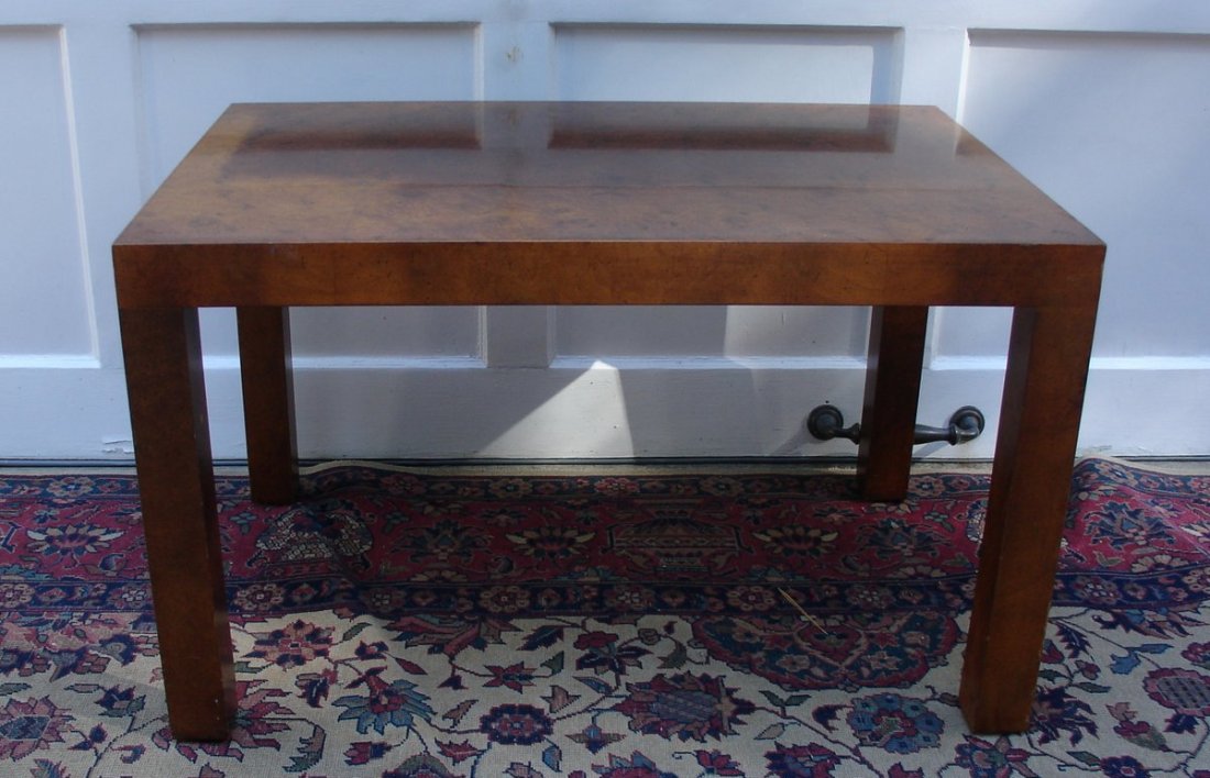386) MILO BAUGHMAN FOR DIRECTIONAL PARSONS- STYLE: OCCASIONAL SIDE TABLE in buled olive wood veneer, Directional tag, H. 18", TOP: 30 X 20", top with partial sun fading