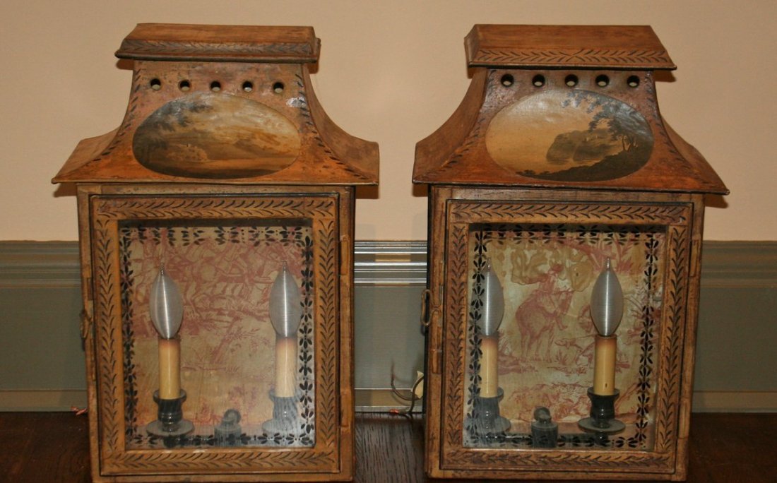 416) PAIR TOLE 2-LIGHT WALL SCONCES with decoupage,: H: 17" W: 10 1/2" D: 7 1/2"