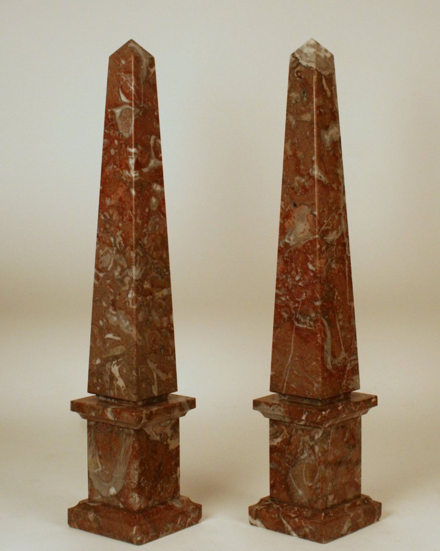 461) PAIR RED MARBLE OBELISKS, H. 20 ¼",: W/ CHIPS ON BASE
