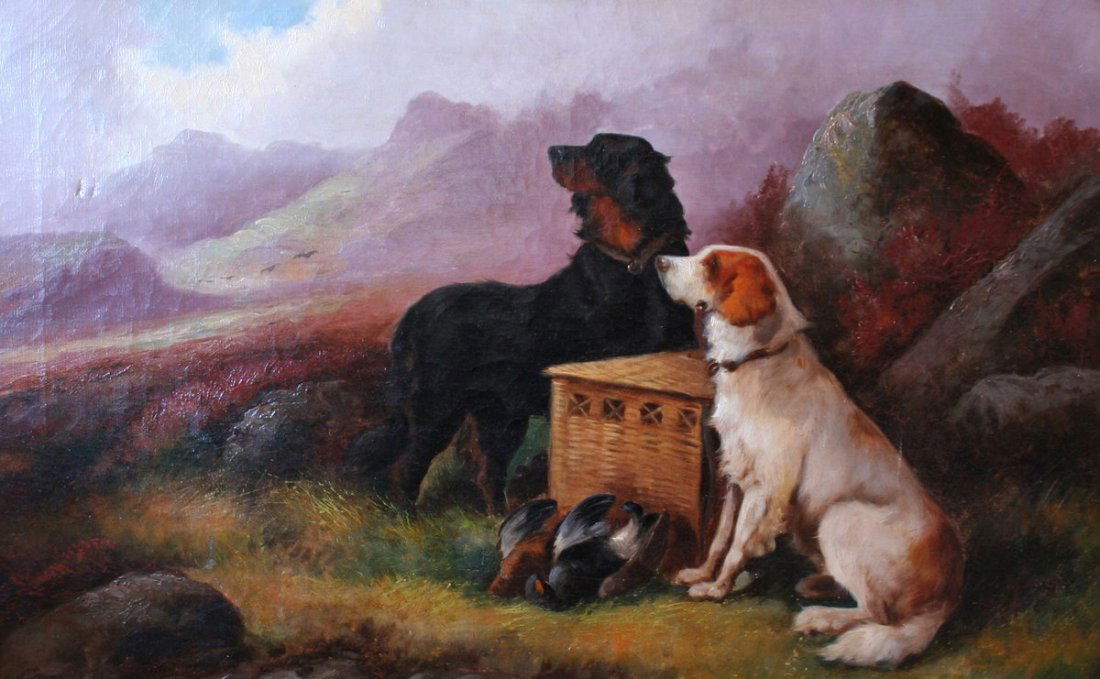 470) ROBERT CLEMINSON (ENGLISH, 1844-1903) Two dogs: in a highland landscape, signed lower left "R. Cleminson", oil on canvas, 16" x 24", with Two (2) small patches lower left.
