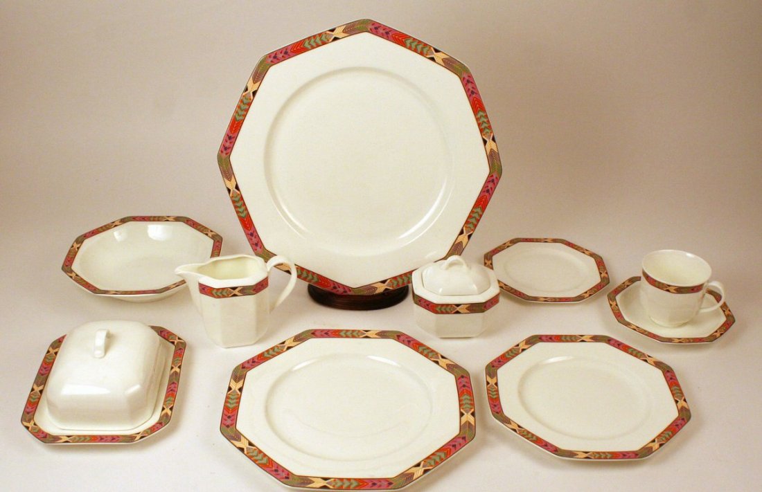 485) VILLEROY & BOCH CHINA SERVICE, "CHEYENNE": PATTERN, consisting of - 12 dinner plates, 11 salad plates (one with chip), 12 cups and saucers, 12 b & b, 12 soup bowls, covered butter dish, creamer, covered sugar bowl, and a 12 1/2" platter.