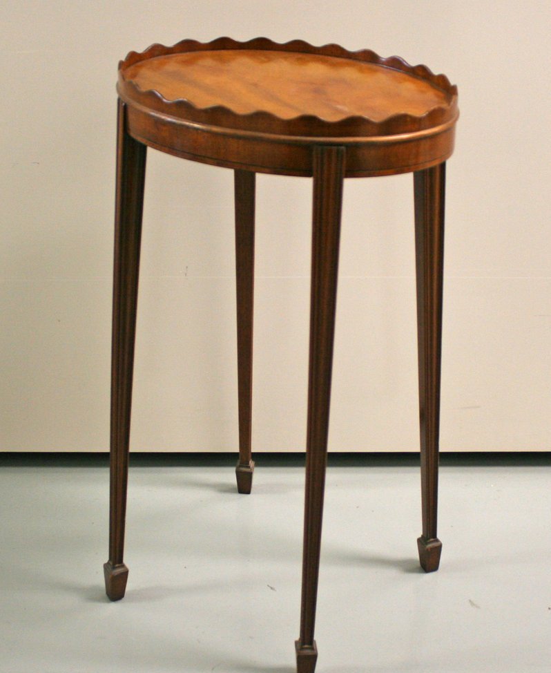 500) 20TH C. KETTLE STAND W/SCALLOPED GALLERY,: PLAQUE READS TIBBENHAM OF IPSWICH, ENGLAND, H. 24 ½", TOP: 14 X 10"