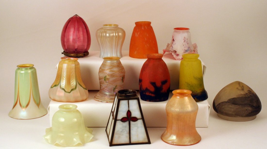 529) GROUP OF 13 ART GLASS SHADES, 2 marked "Quezal": height range: 6 1/2" - 4", one with a chip in shade