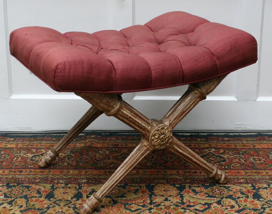 540) 19TH C. FRENCH EMPIRE CARVED FOOT STOOL, W/GILT: HIGHLIGHTS, X-FORMED W/QUIVER AT KNEE, H: 19" W: 25" D: 18", W/ALTERATIONS