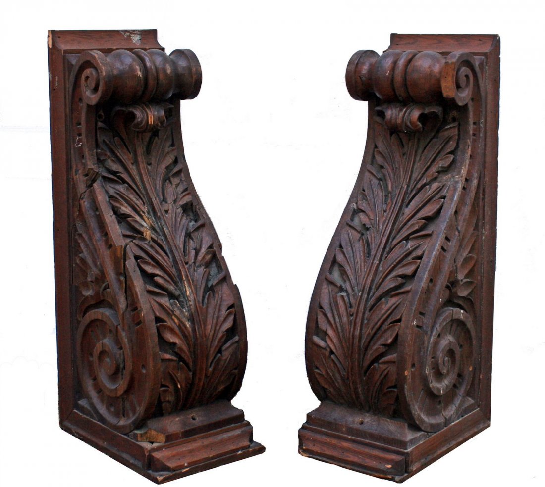 596) PAIR CARVED 19TH C. CORBELS OF ACANTHUS LEAF: SCROLL DESIGN, H. 34", W. 10 ½", D. 16"