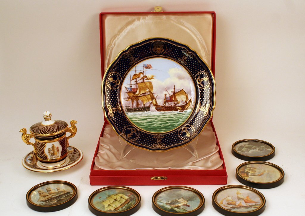 611) 3 PCS: SPODE LIMITED EDITION NAUTICAL PLATE: (D: 9 ¼", ed. 256/2000); 1 Spode "The Shipwright's Cup" (covered pot-de-crème) w/ saucer (H: 4 ½" D: 5"); plus 6 Nigel Pain nautical themed coasters (D: 3 ¼")